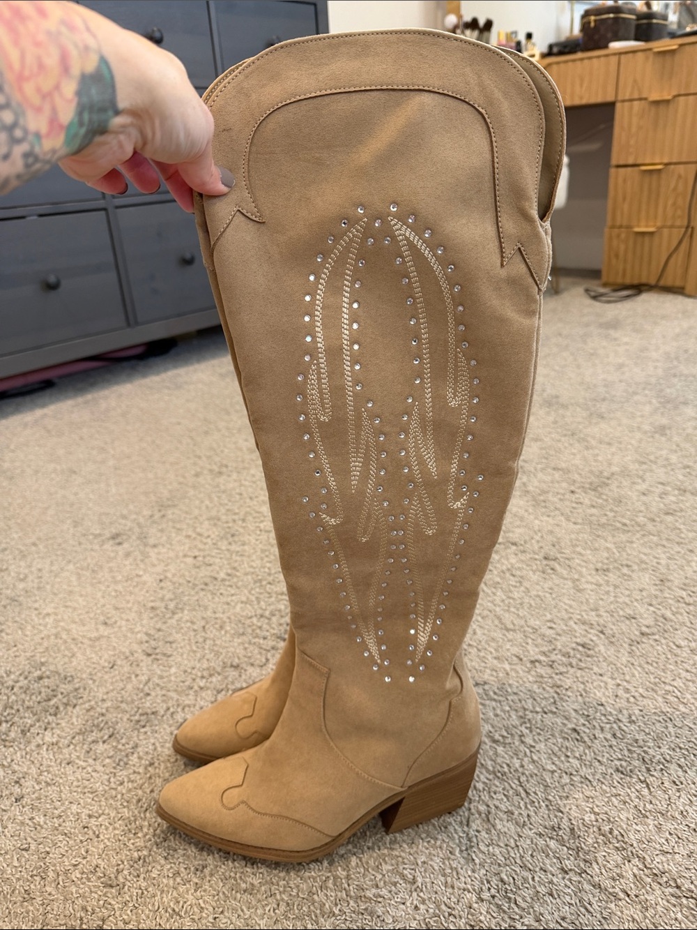 Suede Tall Western Knee-High Boots in Tan